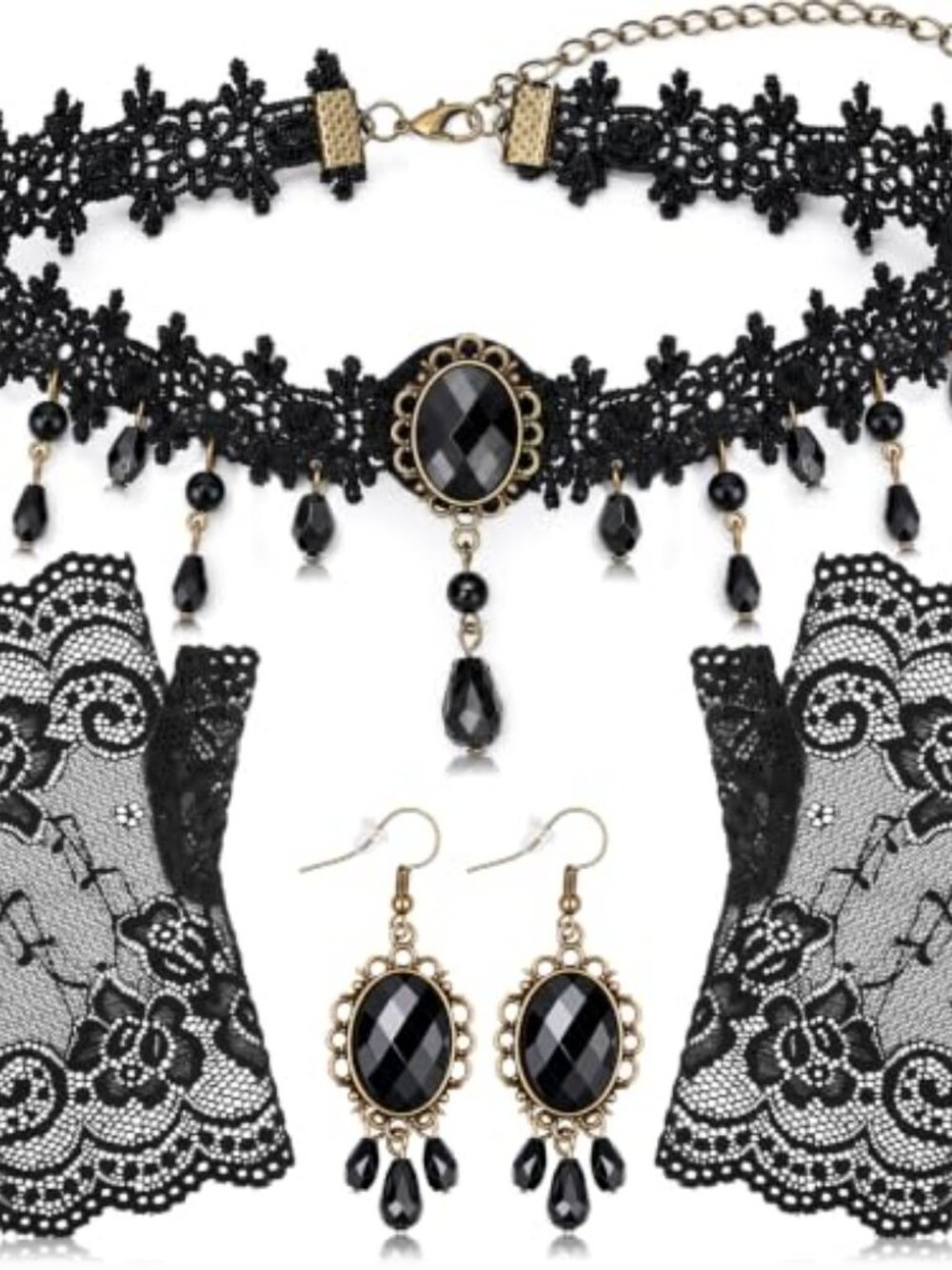 Gothic Black Lace Gloves Choker Earrings 5pcs Goth Vampire Accessories Set